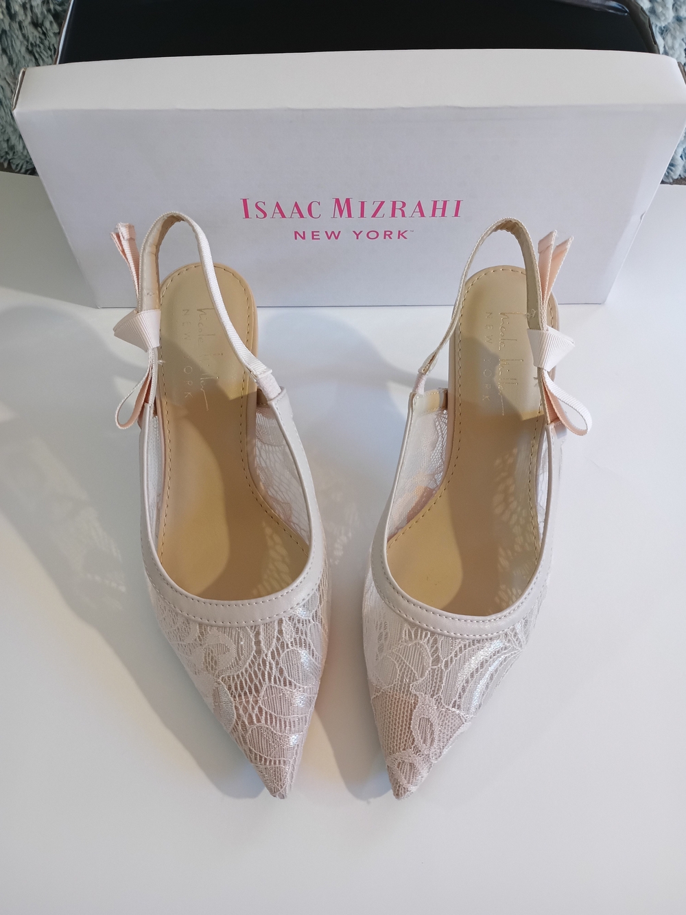Isaac Mizrahi Blush Lace Pointed Slingback Flats with Bow